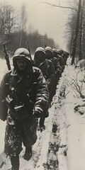 Wall Mural - A group of soldiers walking through the snow in a forest during the Korean War.