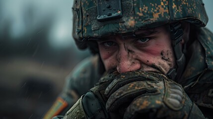 Canvas Print - Close Up Portrait of a Soldier Wearing Camouflage Helmet and Gloves