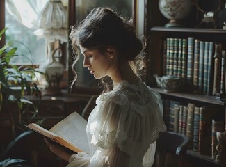 Wall Mural - portrait of a beautiful woman reading a book in a library