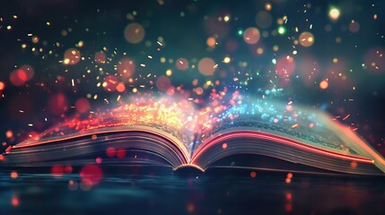 Wall Mural - open magic knowledge book with shimmering vibrant achromatic neon colors and glitter bokeh lights, on black table background for overlay 