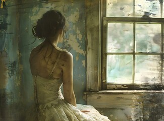 Wall Mural - Woman in White Dress Looking Out Window