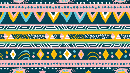 Wall Mural - 
colorful seamless pattern with stripes, geometric shapes and traditional tribal patterns in yellow, blue, green and pink colors