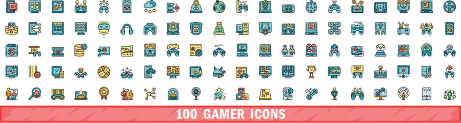 Wall Mural - 100 gamer icons set. color line set of gamer vector icons thin line color flat on white
