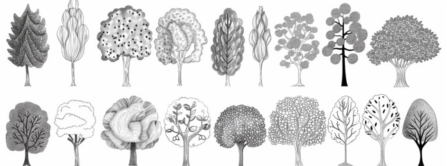 Wall Mural - Coloring page with trees of various types and shapes on a white background with thick lines and low details without shading