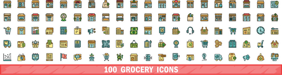 Wall Mural - 100 grocery icons set. Color line set of grocery vector icons thin line color flat on white