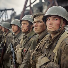 A group of soldiers in military uniform with helmets standing in a row looking at the camera