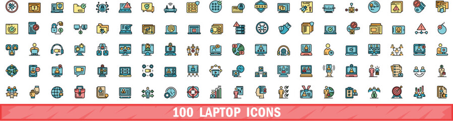 Wall Mural - 100 laptop icons set. color line set of laptop vector icons thin line color flat on white