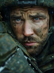 Wall Mural - Close up Portrait of a Dirty and Tired Soldier in Camouflage