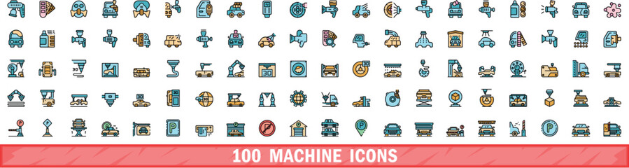 Wall Mural - 100 machine icons set. color line set of machine vector icons thin line color flat on white