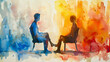 © NE97 - Watercolor painting of two people having a therapy session and discussing mental health concepts.