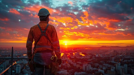 construction worker wearing safety work at high uniform on scaffolding at construction site on during sunset working at height equipment. stock image