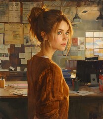 Sticker - Portrait of a Woman in a Brown Sweater Standing in a Office