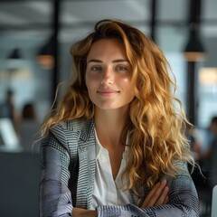 portrait of a young professional woman in a business suit smiling at the camera