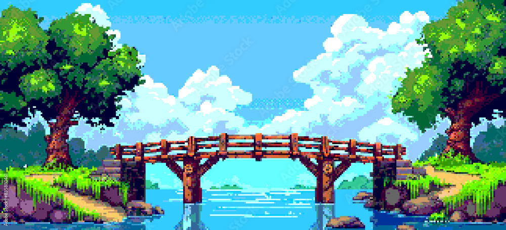 8-bit pixel art game assets of wooden bridges over a river with grass ...