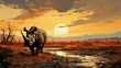 © Muschima - A powerful image of a species on the brink of extinction, such as a rhinoceros, highlighting the impact of climate change and habitat destruction on endangered wildlife. Painting Illustration style,