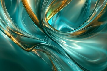 Wall Mural - Abstract background, satin liquid metallic sheen, fluid lines, teal blue green white and gold colors, smooth, elegant curves, luxurious feel, 3D.