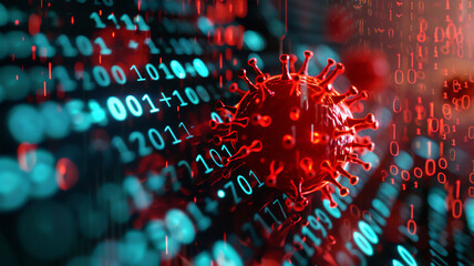 A menacing red-colored computer virus that infiltrates the binary program code consisting of zeros and ones, disrupting digital systems and compromising data security