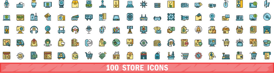 Poster - 100 store icons set. Color line set of store vector icons thin line color flat on white