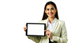 © N7 - Businesswoman Holding Blank Tablet, A professional studio image of a businesswoman holding a blank tablet screen, ideal for widescreen tech product presentations.