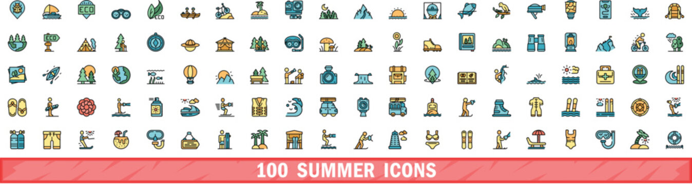 100 summer icons set. color line set of summer vector icons thin line color flat on white