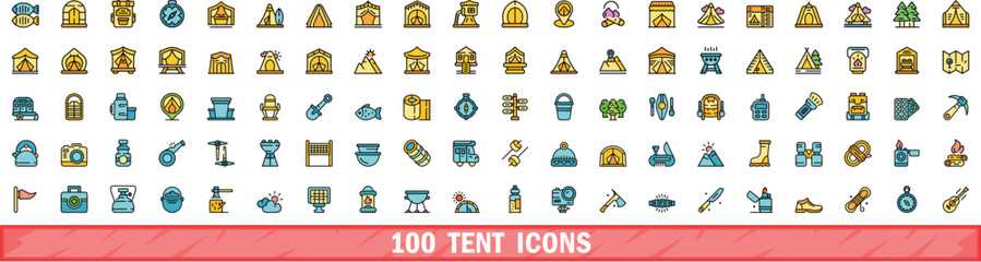Poster - 100 tent icons set. Color line set of tent vector icons thin line color flat on white