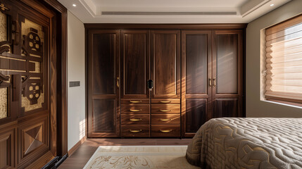 A luxurious, floor-to-ceiling dark walnut wooden wardrobe with intricately carved details and brass handles