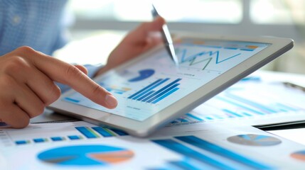 Poster - A business analyst reviewing financial reports and business graphs on a tablet, evaluating company performance and making recommendations.