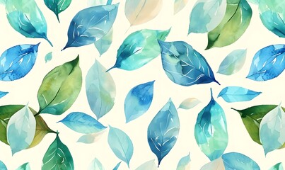 Poster - Watercolor Seamless Pattern with Blue and Green Leaves,Generative AI 