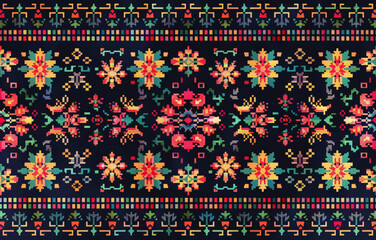 Wall Mural - 
pixel art pattern, seamless ethnic ornament with border on dark background,
