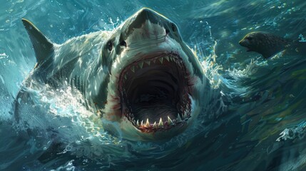 A great white shark with its mouth open wide, showcasing razor-sharp teeth as it hunts a seal in the ocean