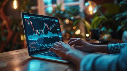 Leinwandbilder - A businessman analyzing stock market graphs and financial data on a laptop, strategizing investment decisions in a home office setting.