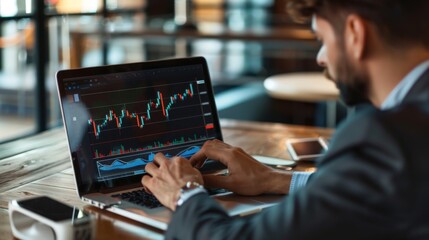 Aufkleber - A businessman studying stock market graphs and economic indicators on a laptop, preparing for a presentation on market trends and forecasts.
