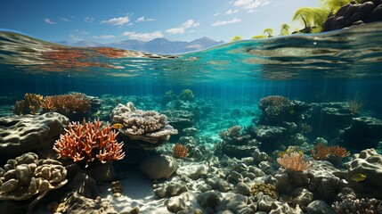 A composite image showing the effects of ocean acidification on coral reefs, with bleached and healthy corals side by side, highlighting the threat to marine biodiversity. Painting Illustration