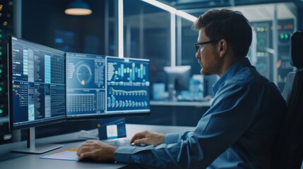 Poster - A CEO analyzing business graphs on a computer screen, reviewing key performance indicators and setting targets for company growth.