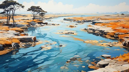 An aerial view of a river delta affected by saltwater intrusion and erosion, illustrating the impacts of sea level rise and climate change on coastal communities and ecosystems. Painting Illustration