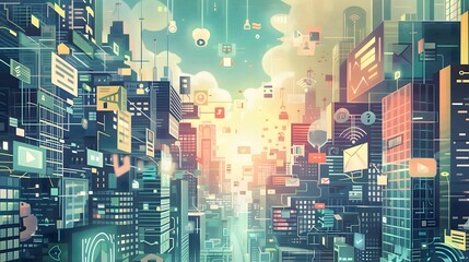 Wall Mural -  A bustling digital cityscape with websites, social media platforms, email inboxes, and mobile devices, illustrating the interconnected world of digital marketing