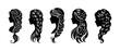 © iamabduss - woman wedding hairstyle, braid hairstyle for female, cute girl collection, young girl side view profile silhouette black filled vector illustration icon set.