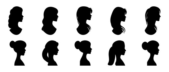 Wall Mural - woman hairstyle, various hairstyle for female, cute girl collection, young girl side view profile silhouette black filled vector illustration icon set.