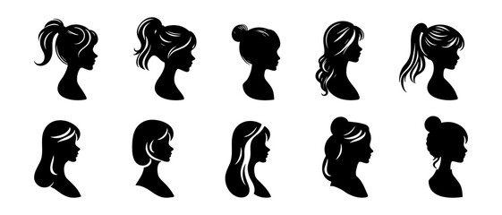 woman hairstyle, various hairstyle for female, cute girl collection, young girl side view profile silhouette black filled vector illustration icon set.
