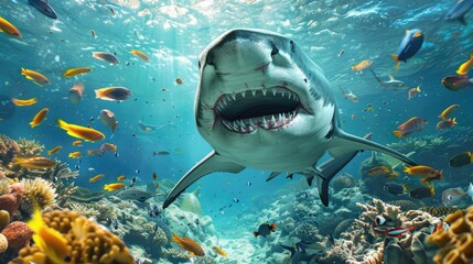 A reef shark with an open mouth, revealing its sharp teeth as it approaches a group of fish