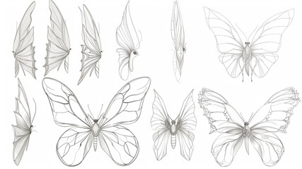 Wall Mural - Vector illustration of fairy wings in different angles and sizes against a white background 