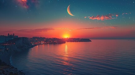 Wall Mural - A beautiful night sky with stars and the crescent moon.