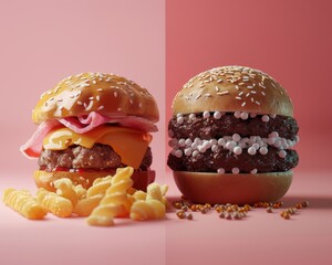 Wall Mural - Two burgers with different toppings, one with cheese and ham