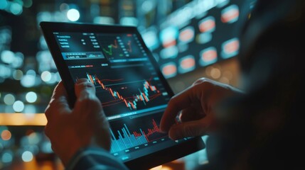 Leinwandbilder - A financial analyst analyzing stock market graphs and performance metrics on a tablet, preparing a research report for clients and stakeholders.