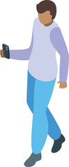 Wall Mural - Isometric view of a modern young man walking while holding and looking at his mobile phone