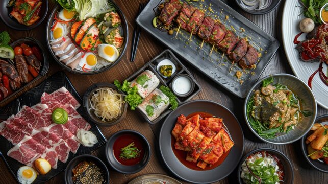 a Korean BBQ with global influences, showcasing international marinades and side dishes in a setting of a cosmopolitan restaurant, emphasizing fusion and diversity. 