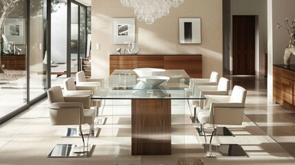 Sticker - A modern dining room with a sleek glass table, minimalist chairs, and a neutral color scheme --ar 16:9 --style raw Job ID: 8c461097-d0b1-484e-a819-c3676d3f284e