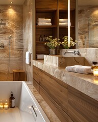 Wall Mural - Cozy bathroom interior with natural light, wooden elements, and modern fixtures.