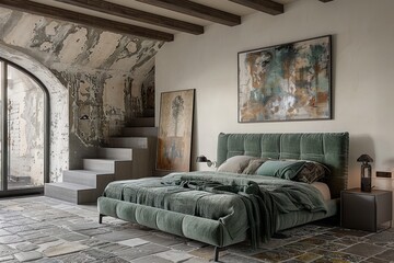 Wall Mural - Modern bedroom interior with king-size bed, elegant decor, and balcony view.