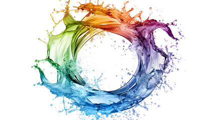 water splash in the shape of round circle, circular, rainbow color, white background, isolated, gradient color